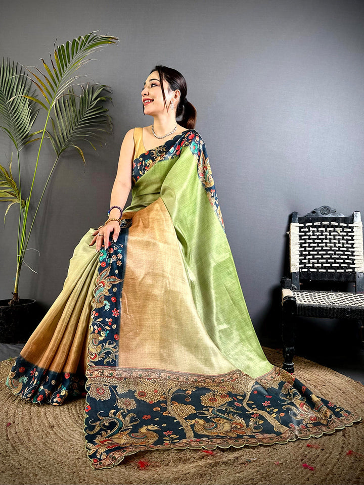 Green & Beige Linen Silk Saree with Rich Navy Blue Floral & Peacock Border