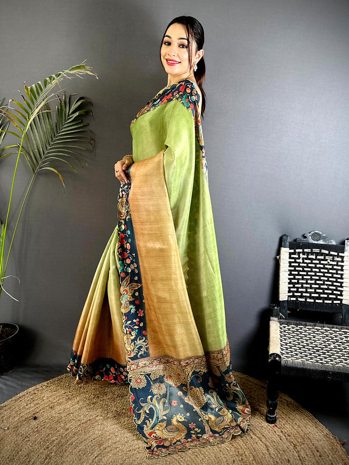 Green & Beige Linen Silk Saree with Rich Navy Blue Floral & Peacock Border