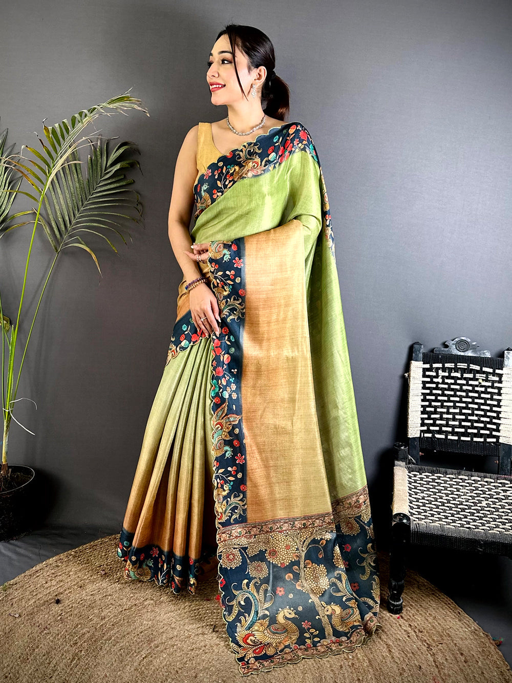 Green & Beige Linen Silk Saree with Rich Navy Blue Floral & Peacock Border