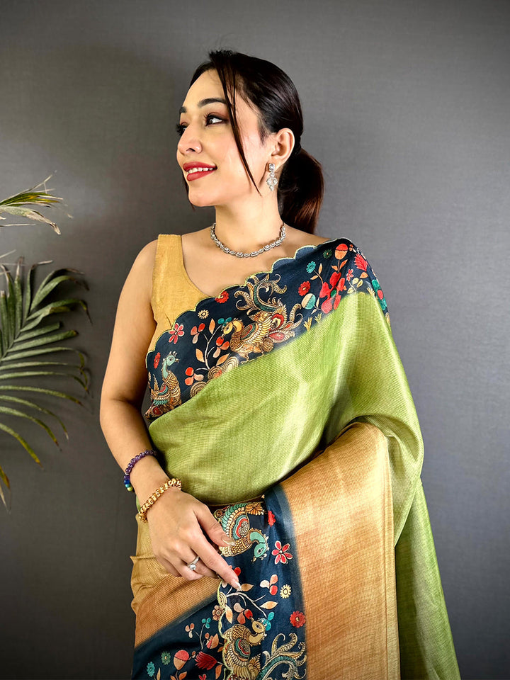 Green & Beige Linen Silk Saree with Rich Navy Blue Floral & Peacock Border