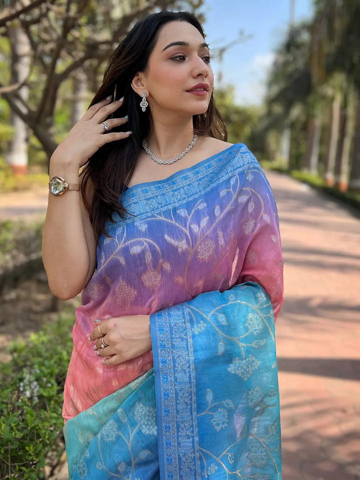 Blue & Pink Banarasi Silk Saree with Silver Zari Weave