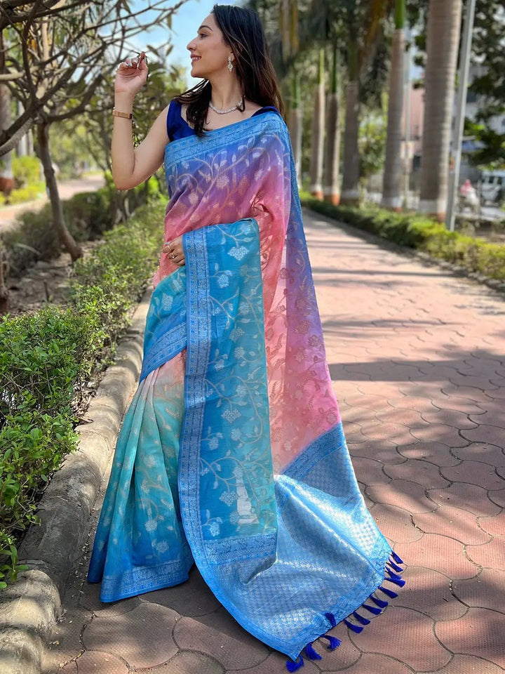 Blue & Pink Banarasi Silk Saree with Silver Zari Weave