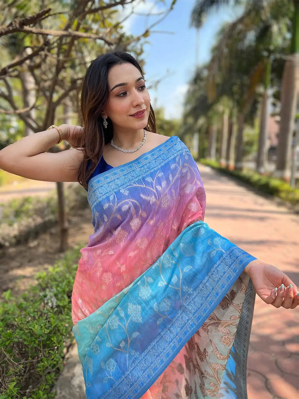 Blue & Pink Banarasi Silk Saree with Silver Zari Weave