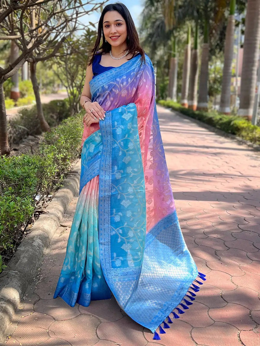 Blue & Pink Banarasi Silk Saree with Silver Zari Weave
