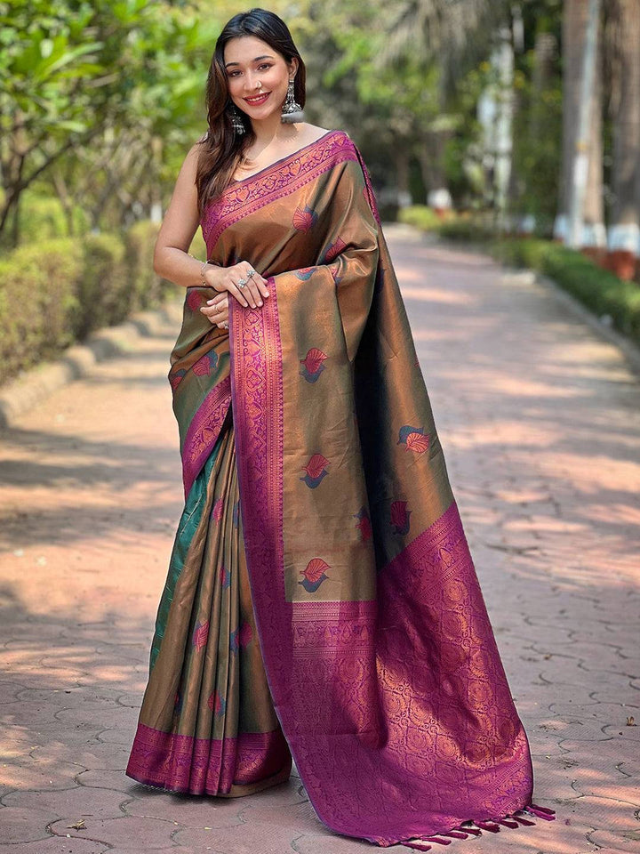 Brown & Rani Pink Banarasi Silk Saree with Woven Floral Motifs & Rich Zari Border