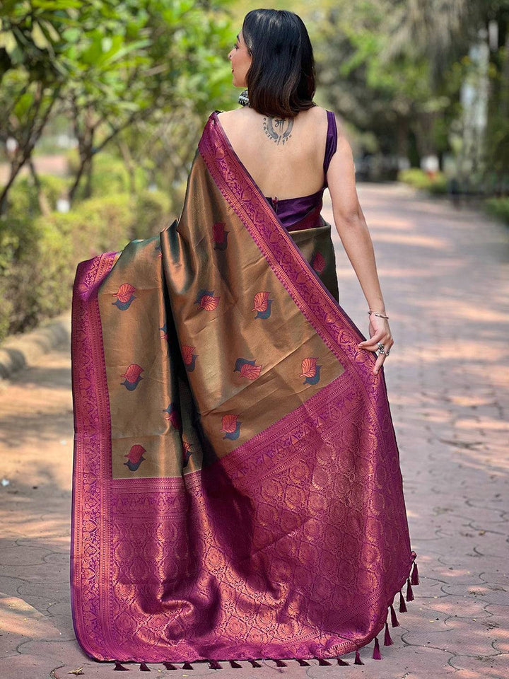 Brown & Rani Pink Banarasi Silk Saree with Woven Floral Motifs & Rich Zari Border