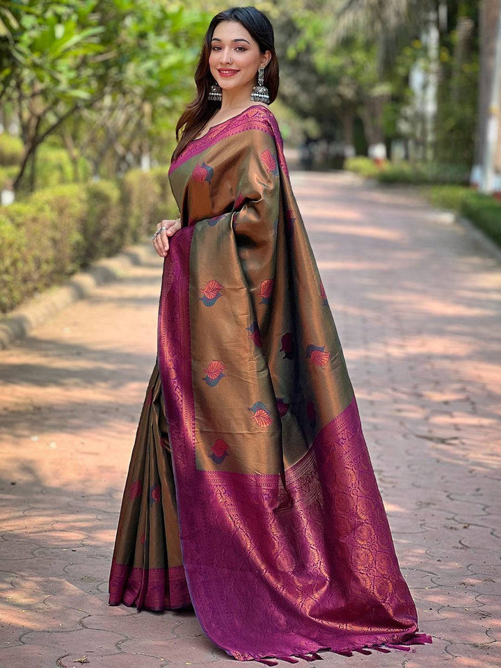 Brown & Rani Pink Banarasi Silk Saree with Woven Floral Motifs & Rich Zari Border