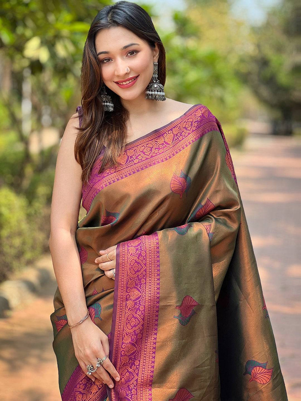 Brown & Rani Pink Banarasi Silk Saree with Woven Floral Motifs & Rich Zari Border