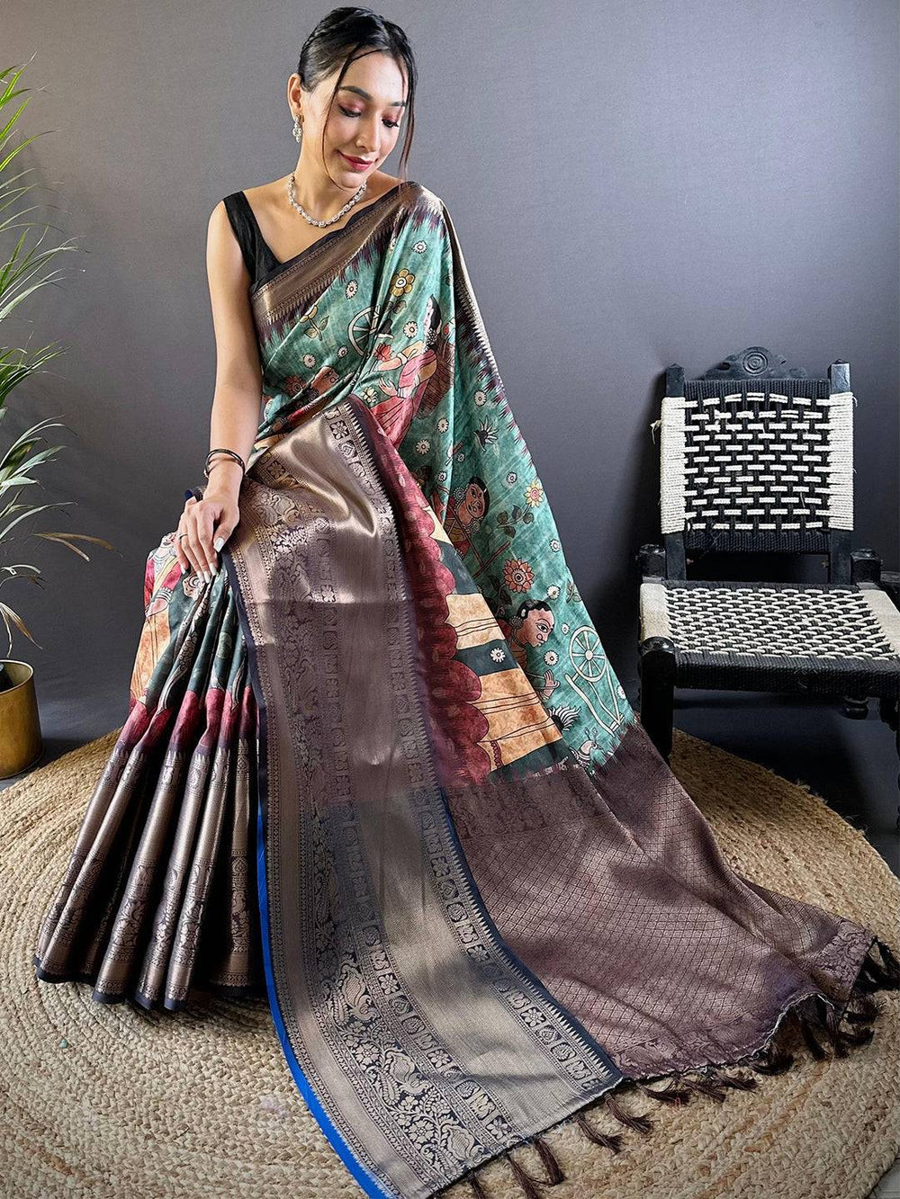 Brown & Teal Printed Silk Saree with Rich Zari Border and Artistic Pallu