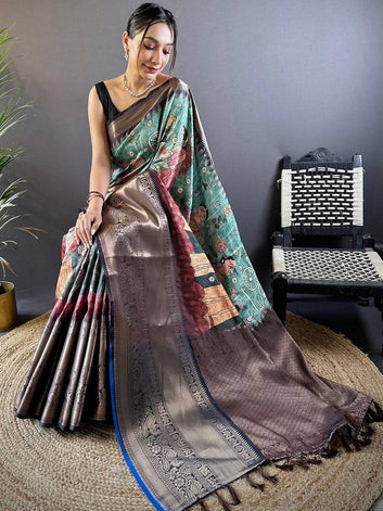 Brown & Teal Printed Silk Saree with Rich Zari Border and Artistic Pallu