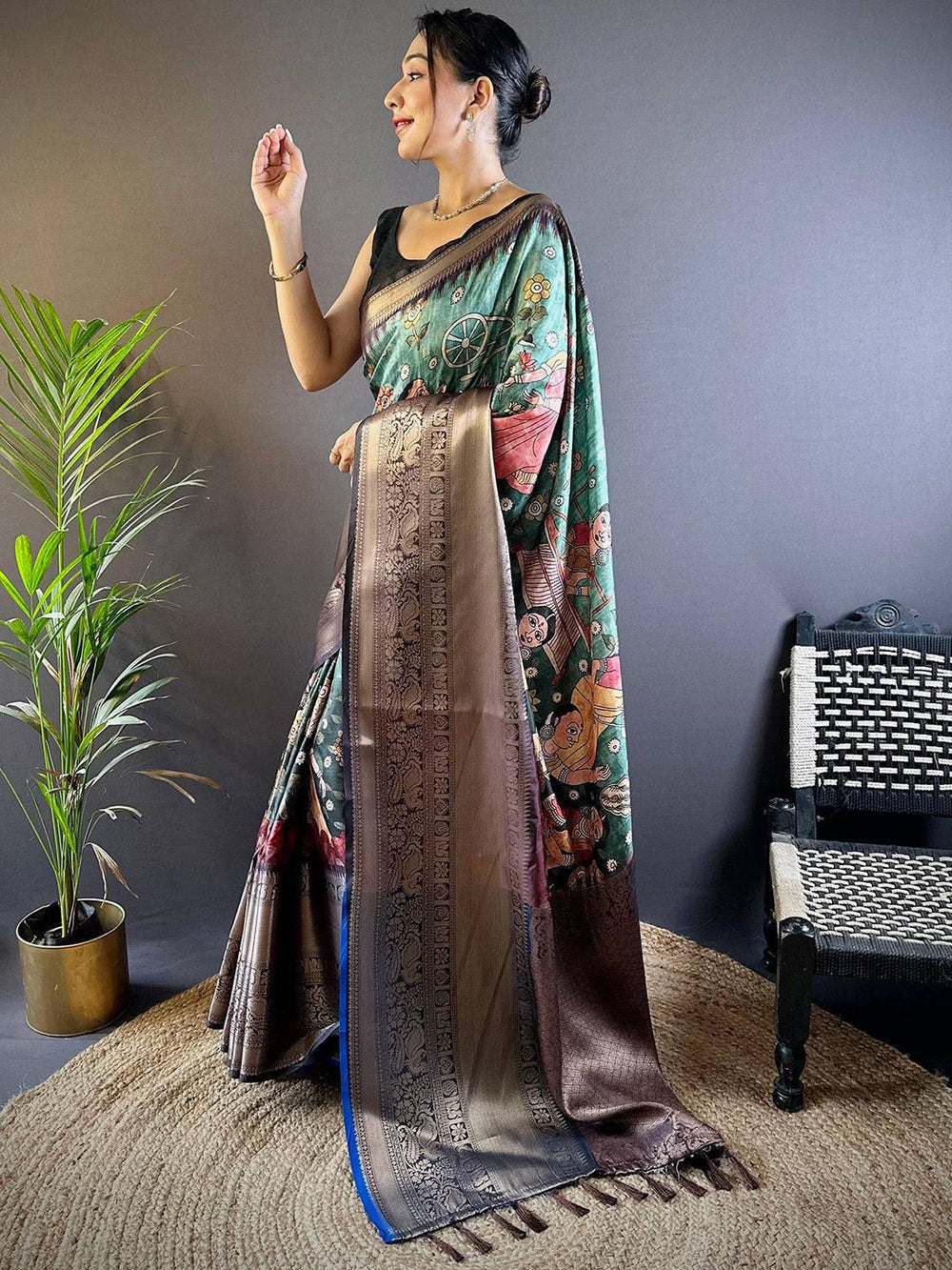 Brown & Teal Printed Silk Saree with Rich Zari Border and Artistic Pallu