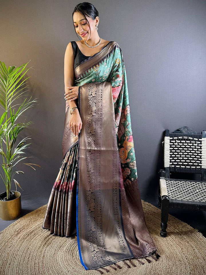 Brown & Teal Printed Silk Saree with Rich Zari Border and Artistic Pallu