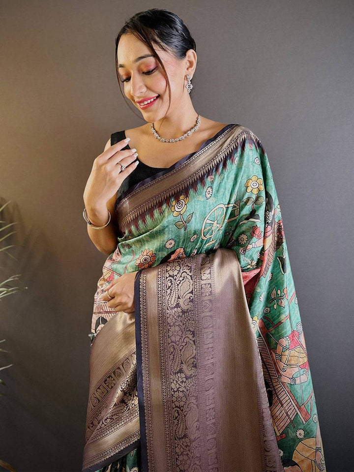 Brown & Teal Printed Silk Saree with Rich Zari Border and Artistic Pallu