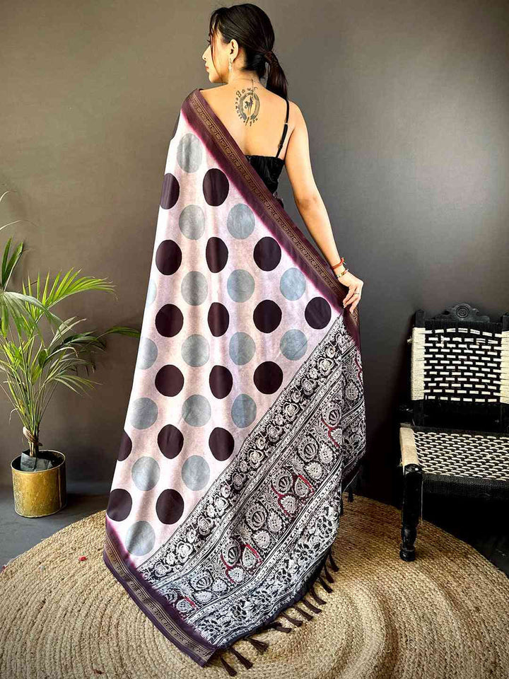 Grey & Maroon Polka Dot Soft Silk Saree with Designer Kalamkari Style Pallu