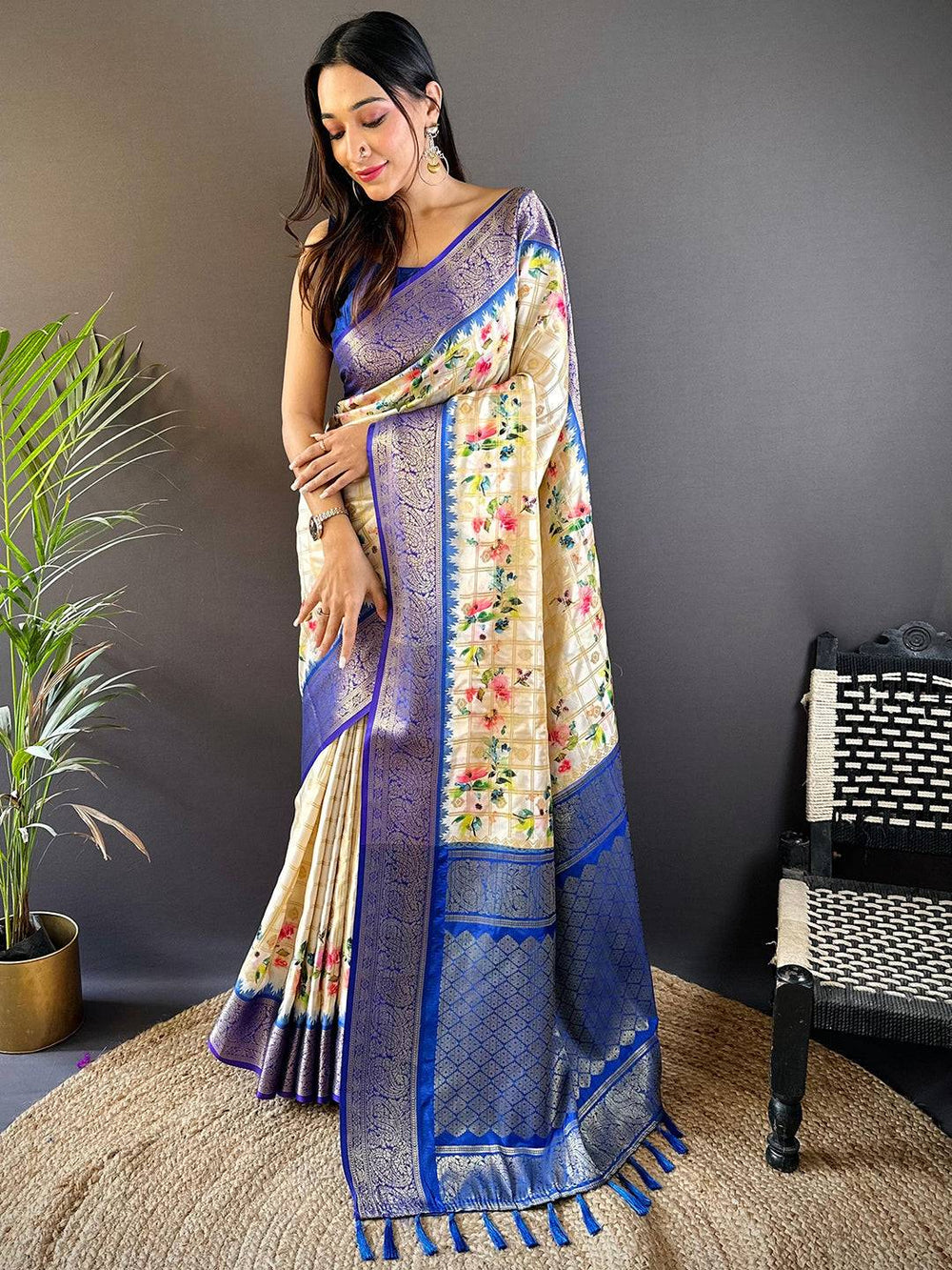 Cream Floral Banarasi Silk Saree with Royal Blue Zari Border & Tassel Pallu