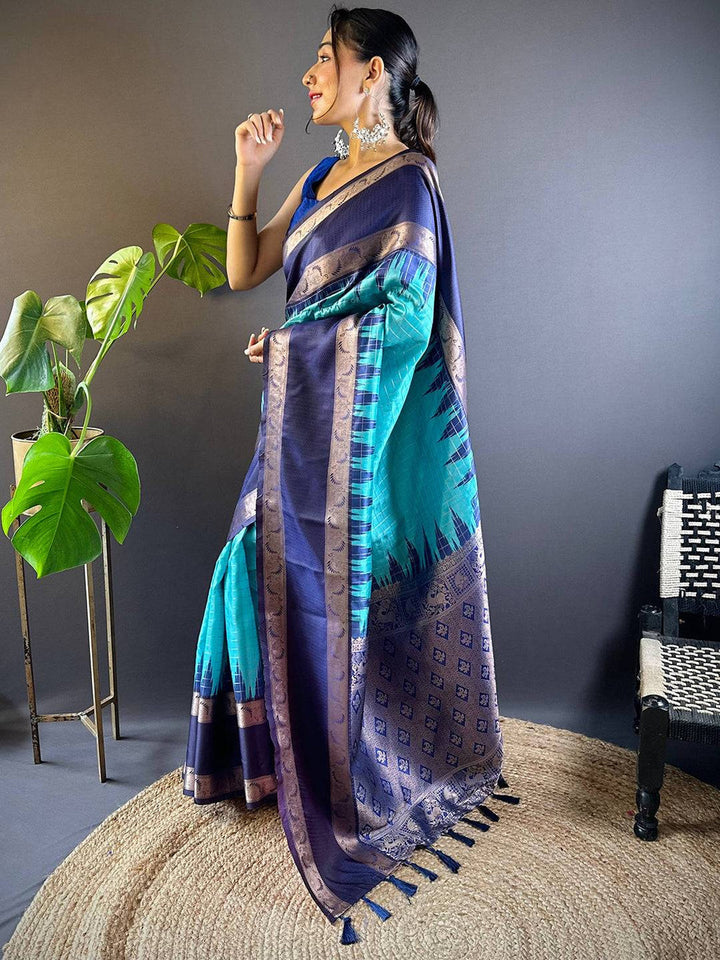 Navy Blue & Teal Banarasi Silk Saree with Zari Border and Tassel Pallu