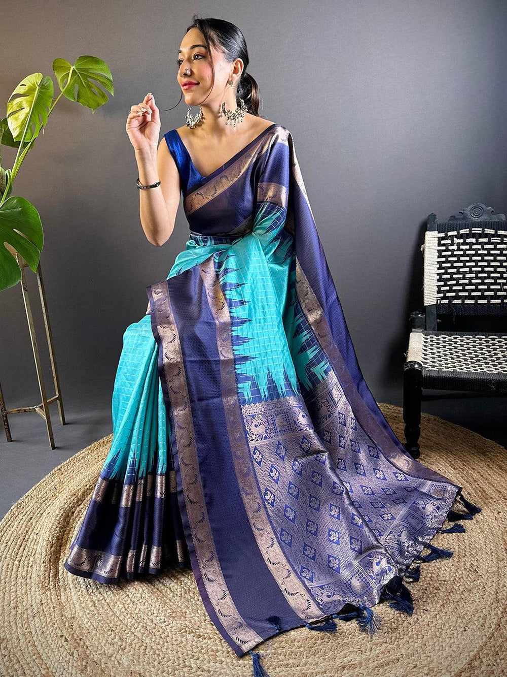 Navy Blue & Teal Banarasi Silk Saree with Zari Border and Tassel Pallu