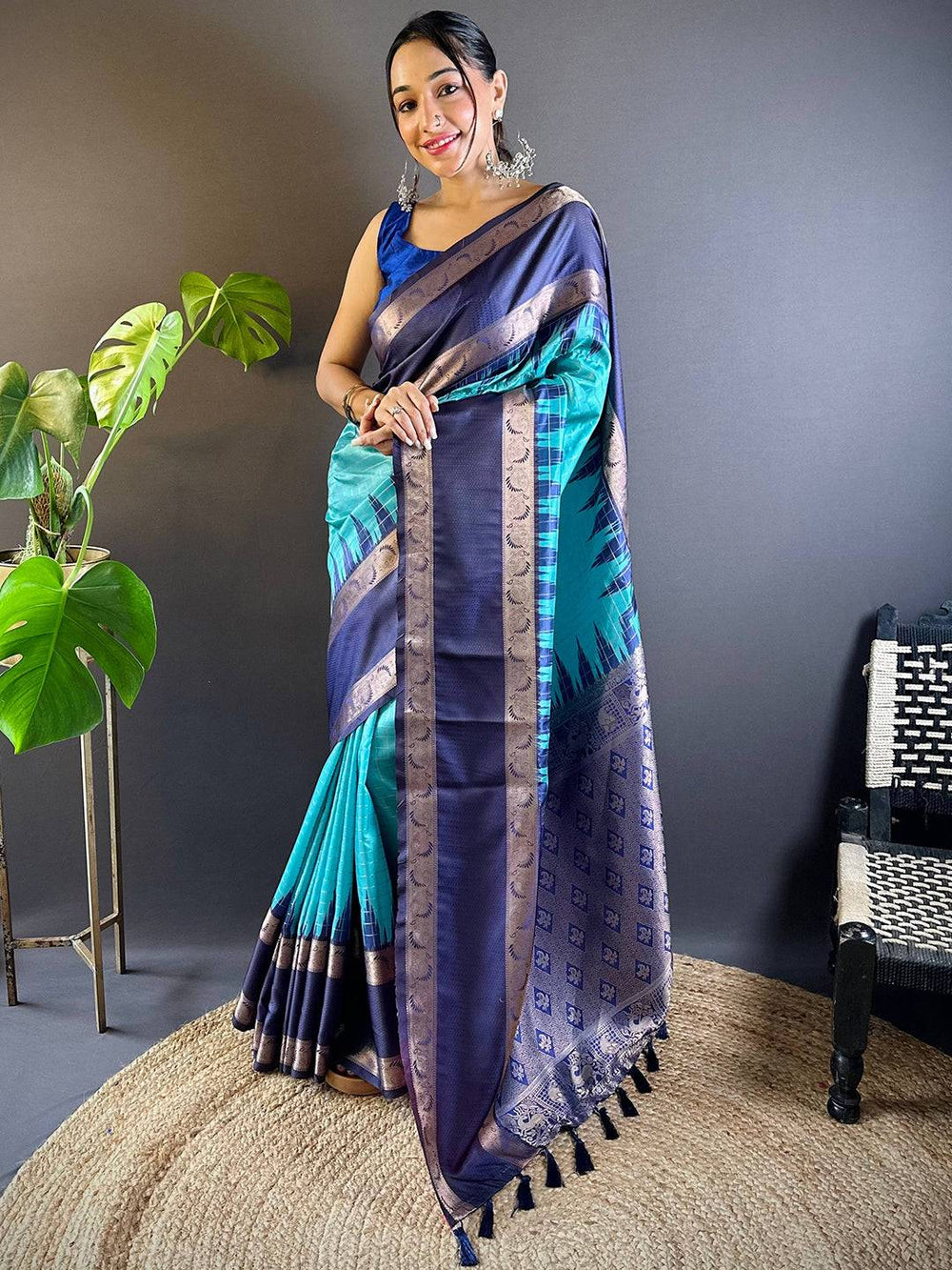Navy Blue & Teal Banarasi Silk Saree with Zari Border and Tassel Pallu