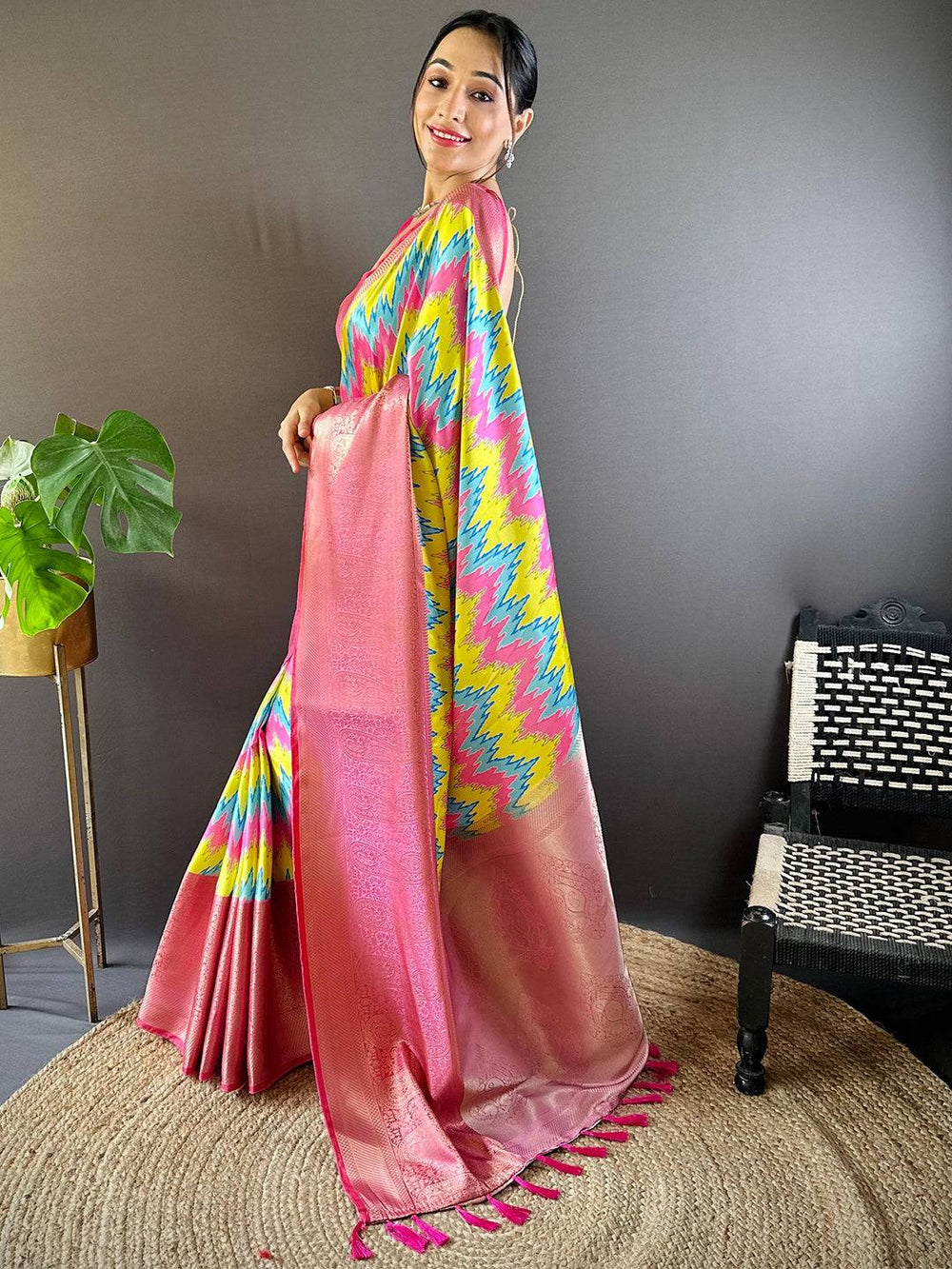 Multicolor Ikat Print Silk Saree with Pink Banarasi Zari Border & Tassel Pallu