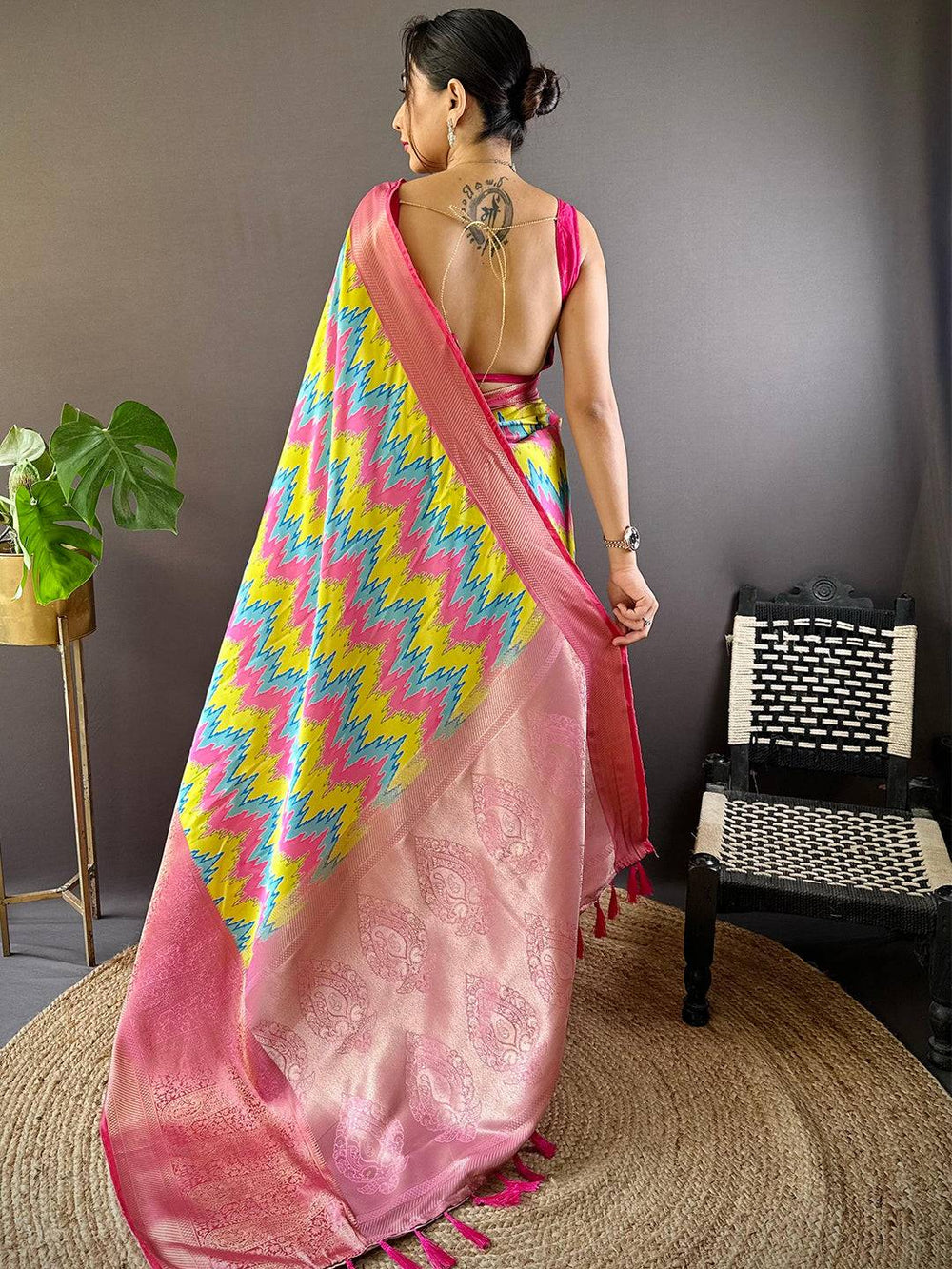 Multicolor Ikat Print Silk Saree with Pink Banarasi Zari Border & Tassel Pallu