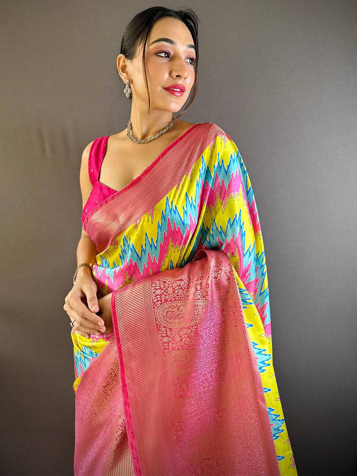 Multicolor Ikat Print Silk Saree with Pink Banarasi Zari Border & Tassel Pallu