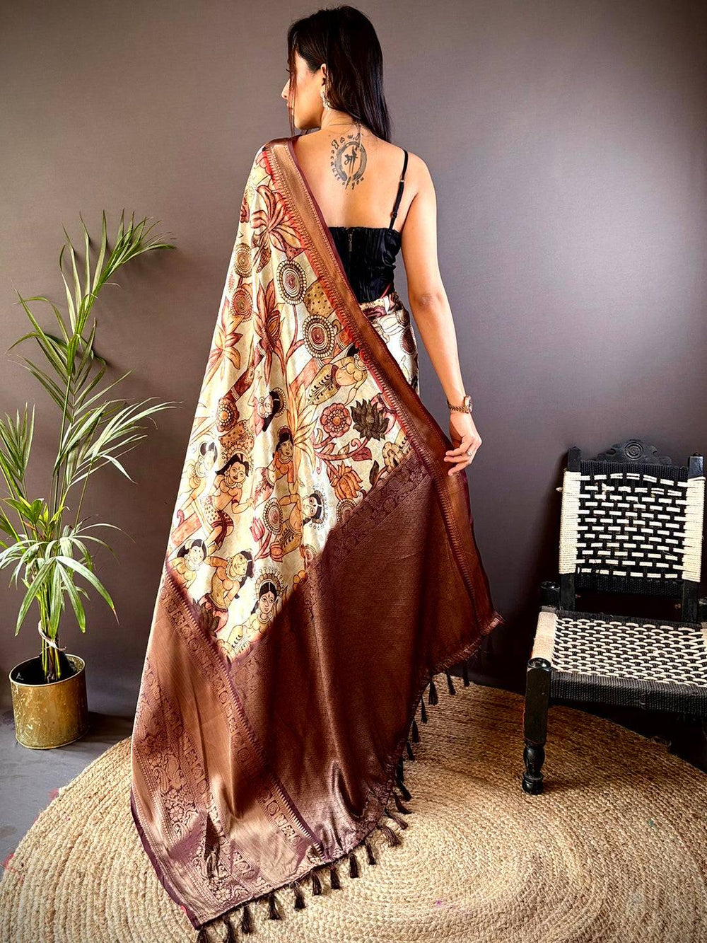 Brown Printed Silk Saree with Rich Zari Border & Artistic Pallu