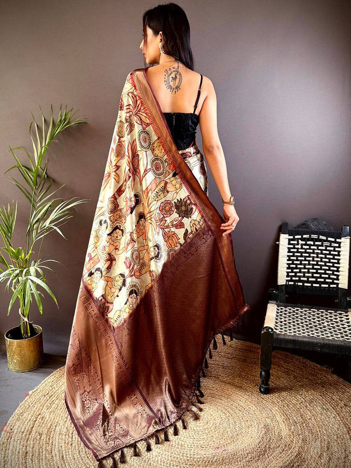 Brown Printed Silk Saree with Rich Zari Border & Artistic Pallu