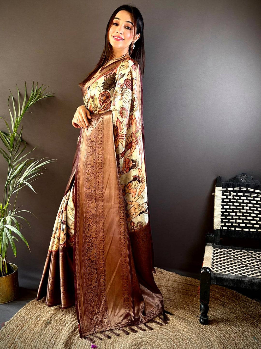 Brown Printed Silk Saree with Rich Zari Border & Artistic Pallu