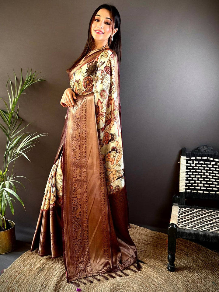 Brown Printed Silk Saree with Rich Zari Border & Artistic Pallu