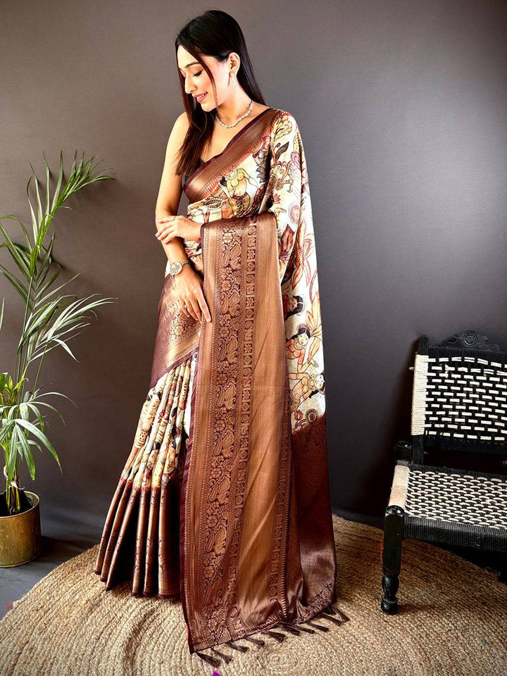 Brown Printed Silk Saree with Rich Zari Border & Artistic Pallu