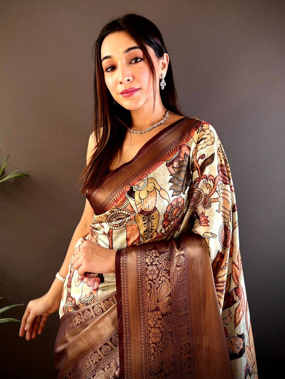 Brown Printed Silk Saree with Rich Zari Border & Artistic Pallu