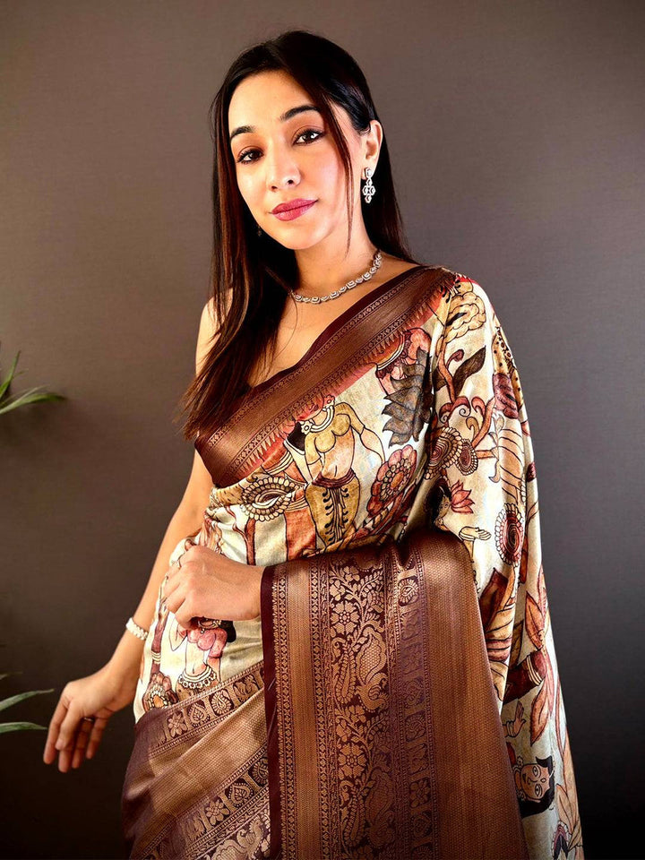 Brown Printed Silk Saree with Rich Zari Border & Artistic Pallu