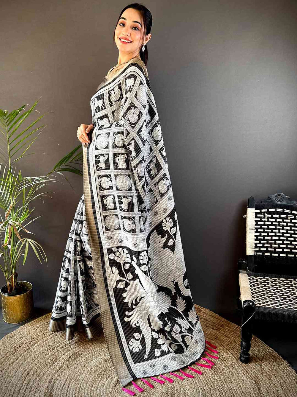 Black & White Printed Silk Saree with Artistic Motifs and Tassel Pallu