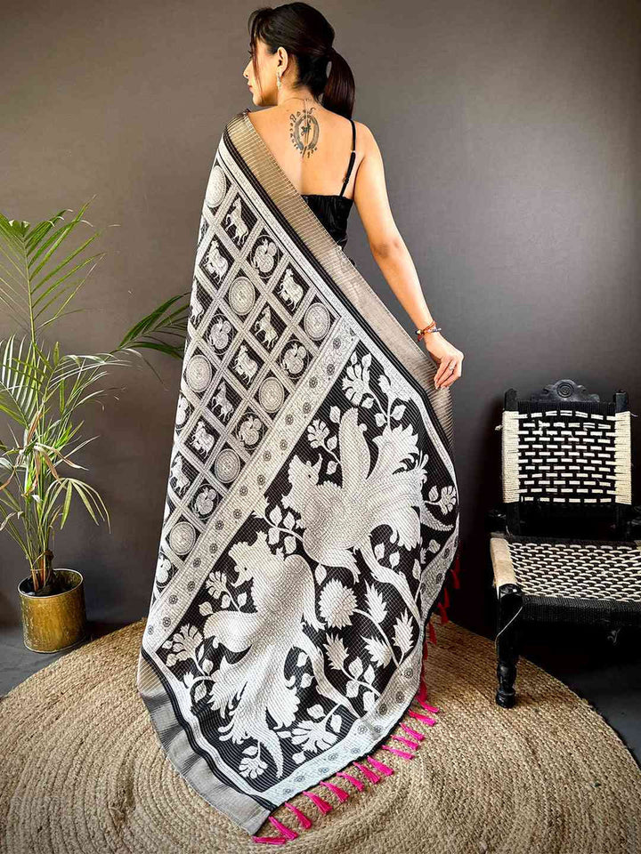 Black & White Printed Silk Saree with Artistic Motifs and Tassel Pallu