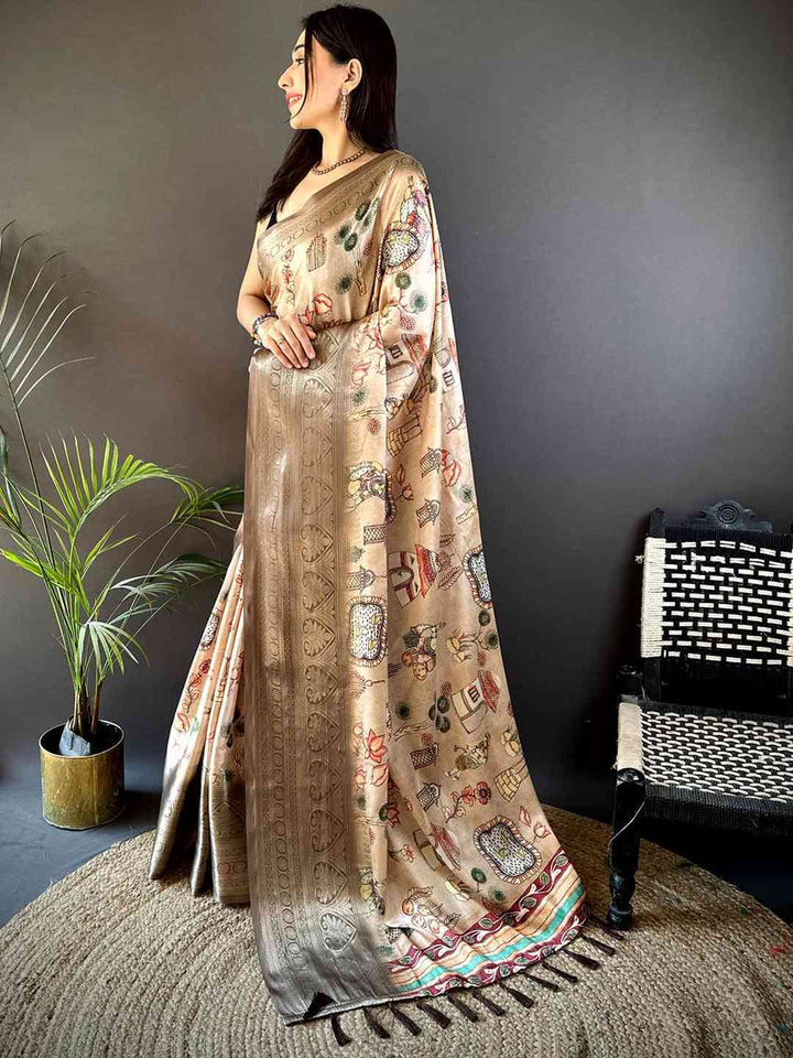 Beige Printed Silk Saree with Elegant Zari Border & Artistic Motif Pallu