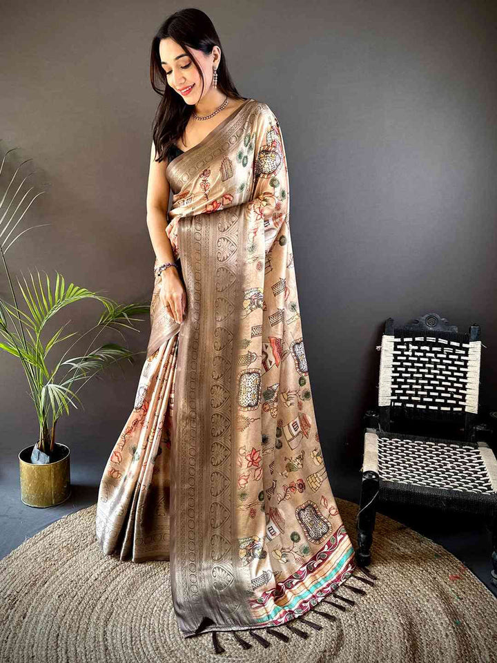 Beige Printed Silk Saree with Elegant Zari Border & Artistic Motif Pallu