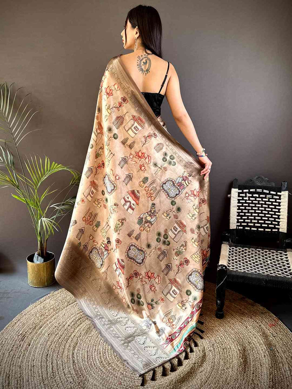 Beige Printed Silk Saree with Elegant Zari Border & Artistic Motif Pallu