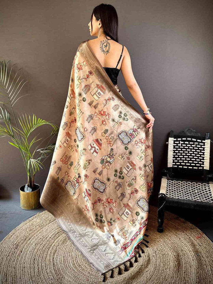 Beige Printed Silk Saree with Elegant Zari Border & Artistic Motif Pallu
