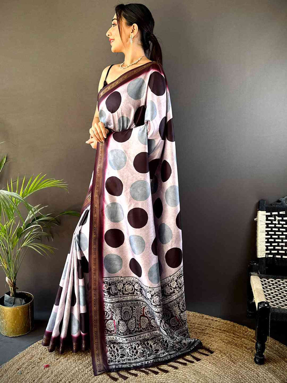 Grey & Maroon Polka Dot Soft Silk Saree with Designer Kalamkari Style Pallu