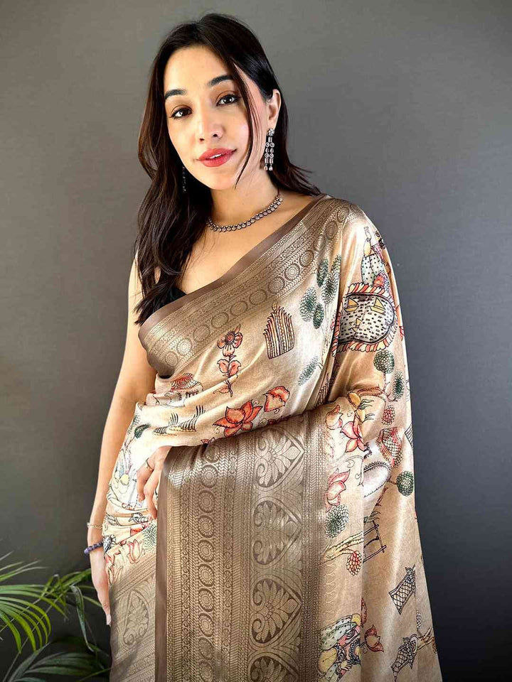 Beige Printed Silk Saree with Elegant Zari Border & Artistic Motif Pallu