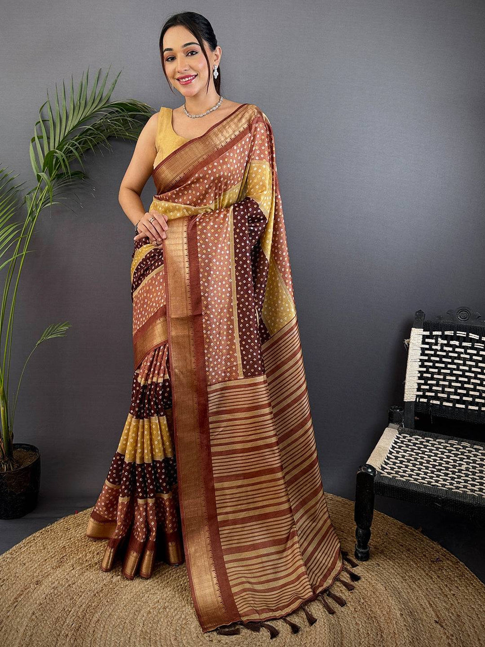 Brown Bandhani Print Silk Saree with Striped Pallu & Zari Border