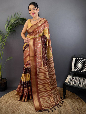 Brown Bandhani Print Silk Saree with Striped Pallu & Zari Border