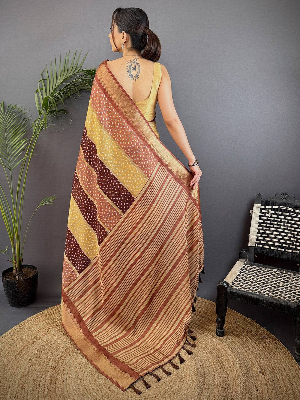 Brown Bandhani Print Silk Saree with Striped Pallu & Zari Border