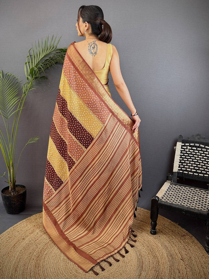 Brown Bandhani Print Silk Saree with Striped Pallu & Zari Border