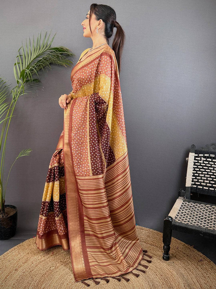 Brown Bandhani Print Silk Saree with Striped Pallu & Zari Border