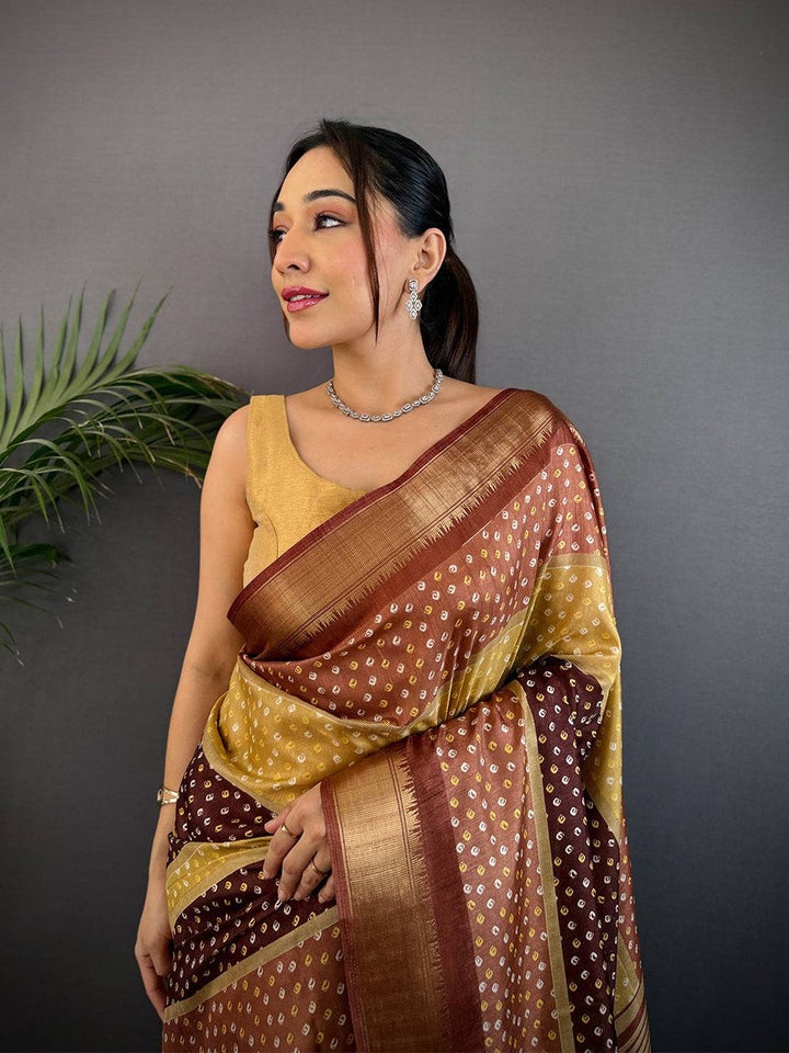 Brown Bandhani Print Silk Saree with Striped Pallu & Zari Border
