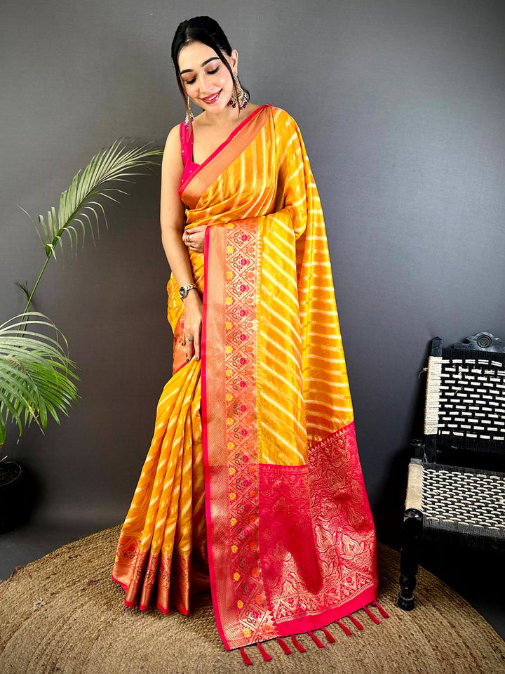 Yellow Banarasi Silk Saree with Pink Zari Border & Diagonal Stripes