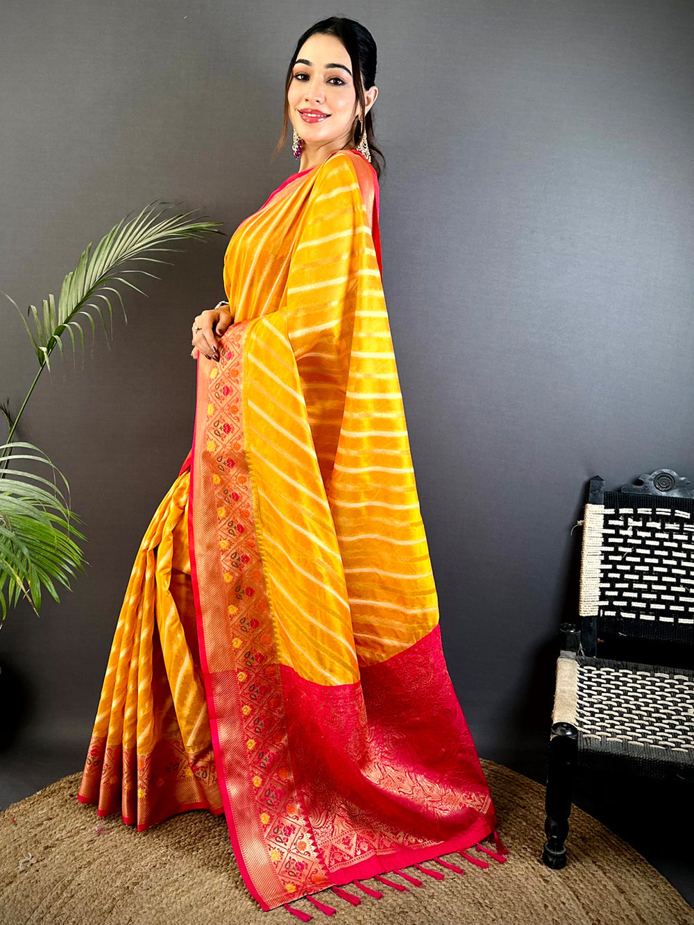 Yellow Banarasi Silk Saree with Pink Zari Border & Diagonal Stripes