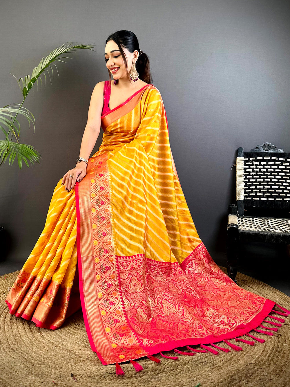 Yellow Banarasi Silk Saree with Pink Zari Border & Diagonal Stripes