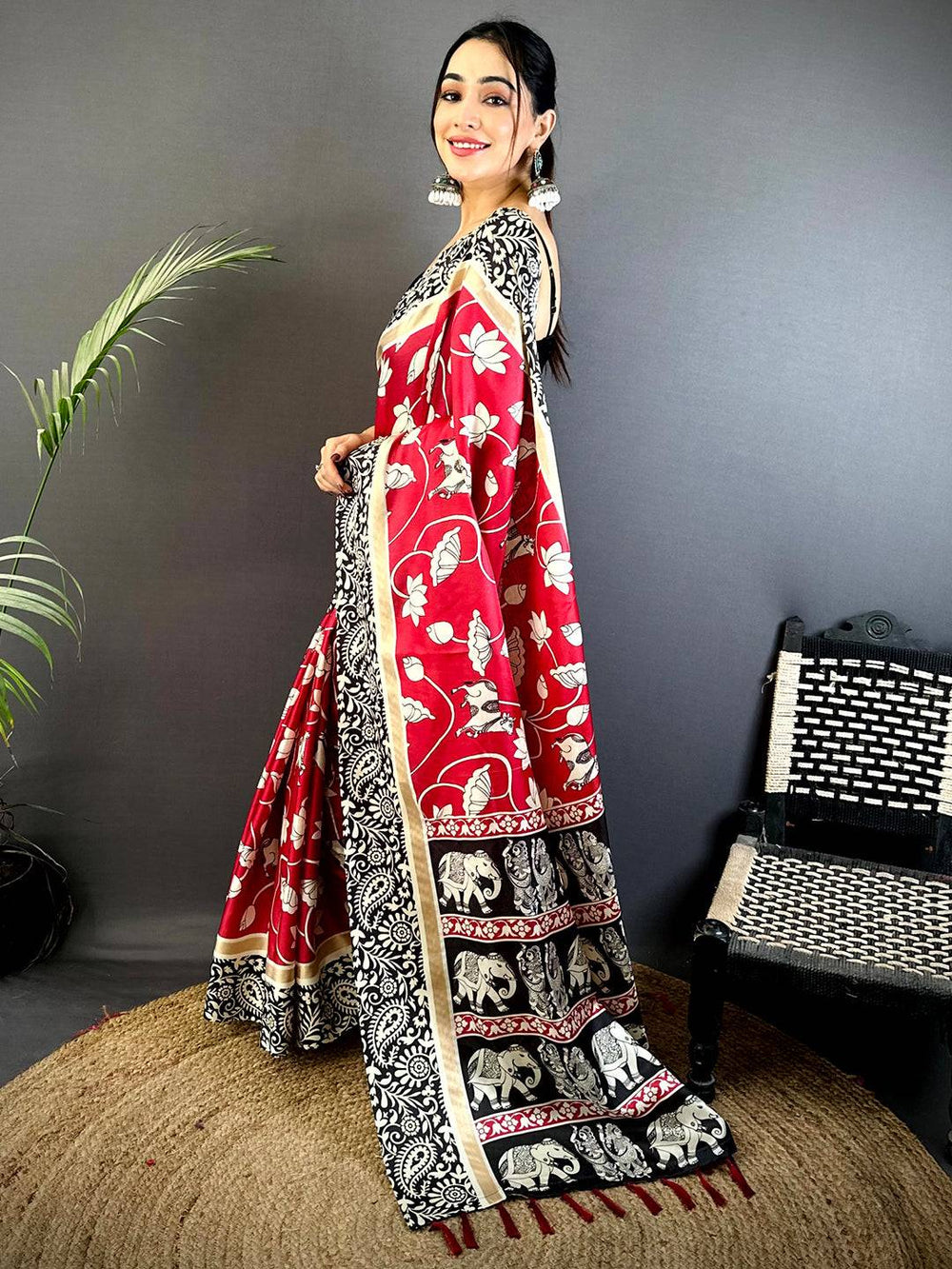 Red & Black Printed Silk Saree with Elephant Motif Border & Tassel Pallu